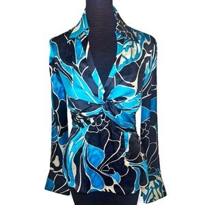 Cache Y2K Silk collared bell sleeve Blue Black & White print Blouse Shirt Size S